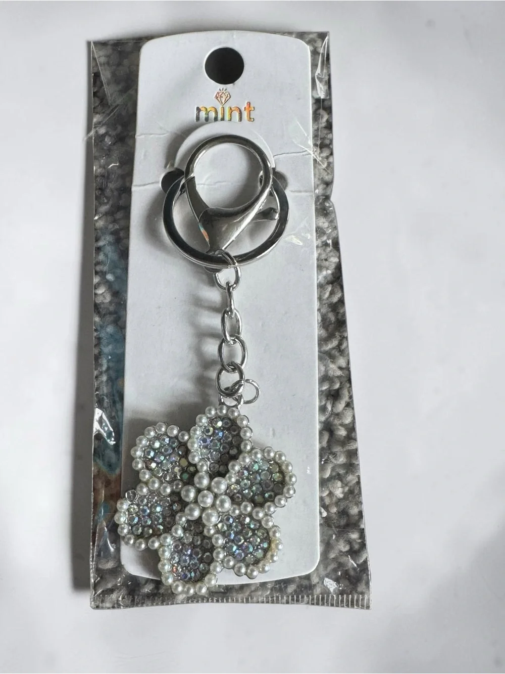 Mint Silver Iridescent Crystal & Pearl Flower Keyring